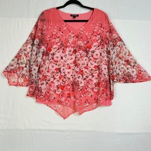 Roz & Ali Coral Floral Sheer‎ Bell Sleeve Tunic Top Size L